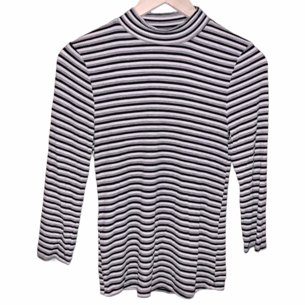 Black & Grey & White Striped Ribbed Mock Neck Top